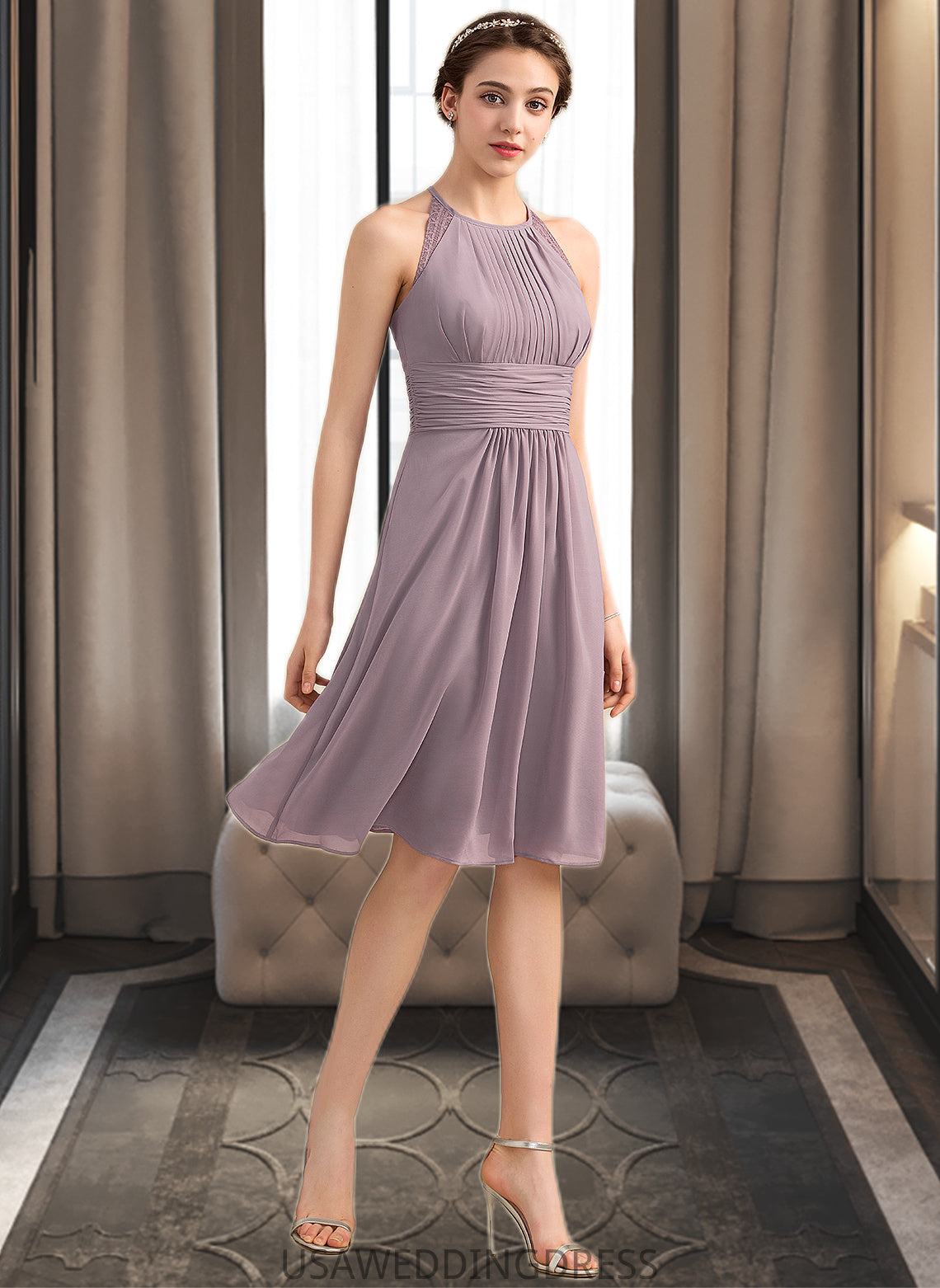 Gretchen A-Line Scoop Neck Knee-Length Chiffon Lace Bridesmaid Dress With Ruffle DSP0013209