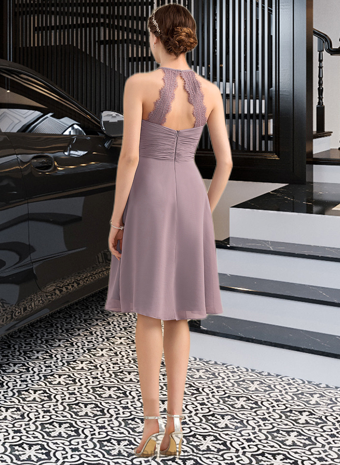 Caylee A-Line Scoop Neck Knee-Length Chiffon Lace Bridesmaid Dress With Ruffle SRSP0013209