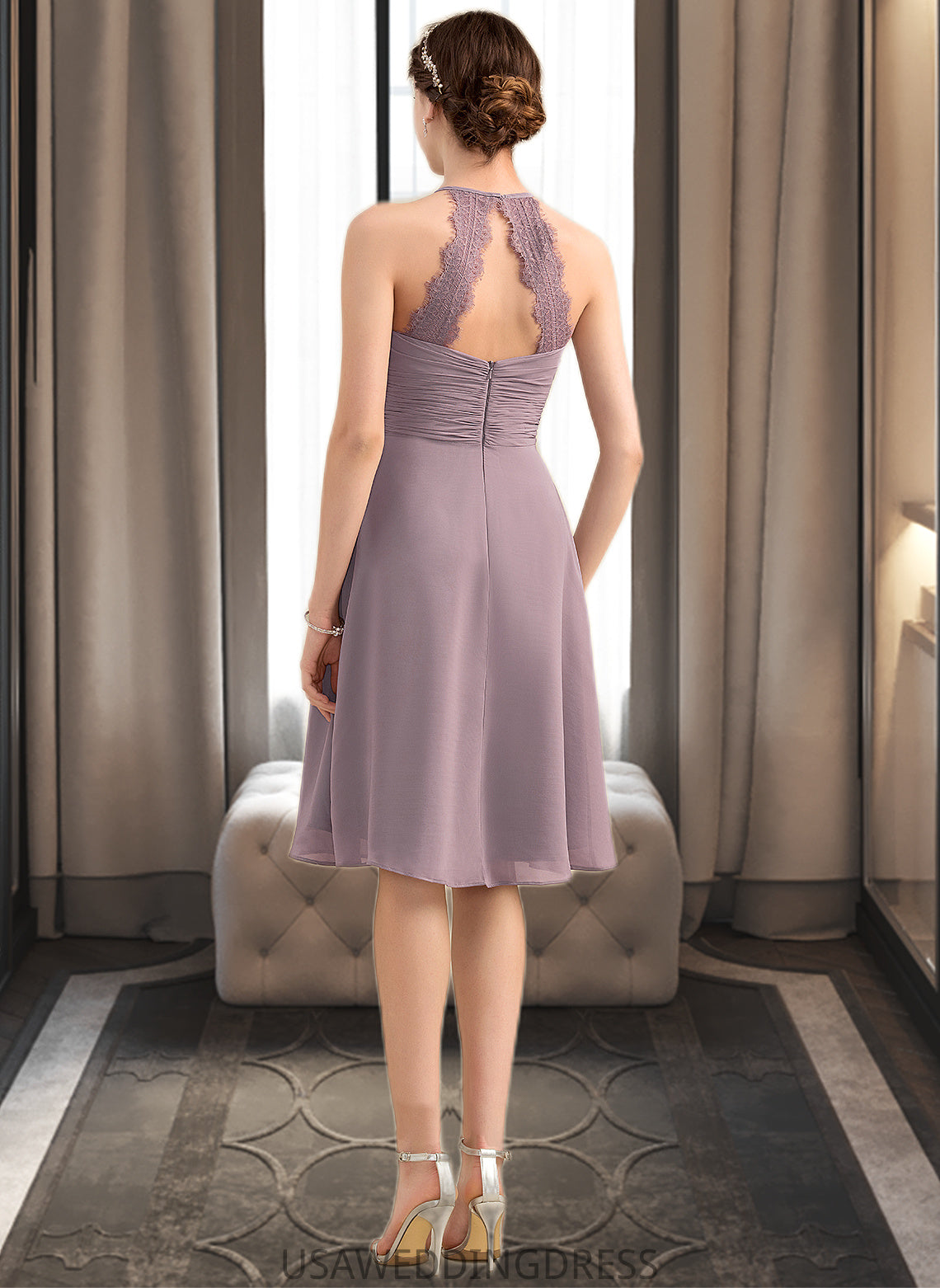 Gretchen A-Line Scoop Neck Knee-Length Chiffon Lace Bridesmaid Dress With Ruffle DSP0013209