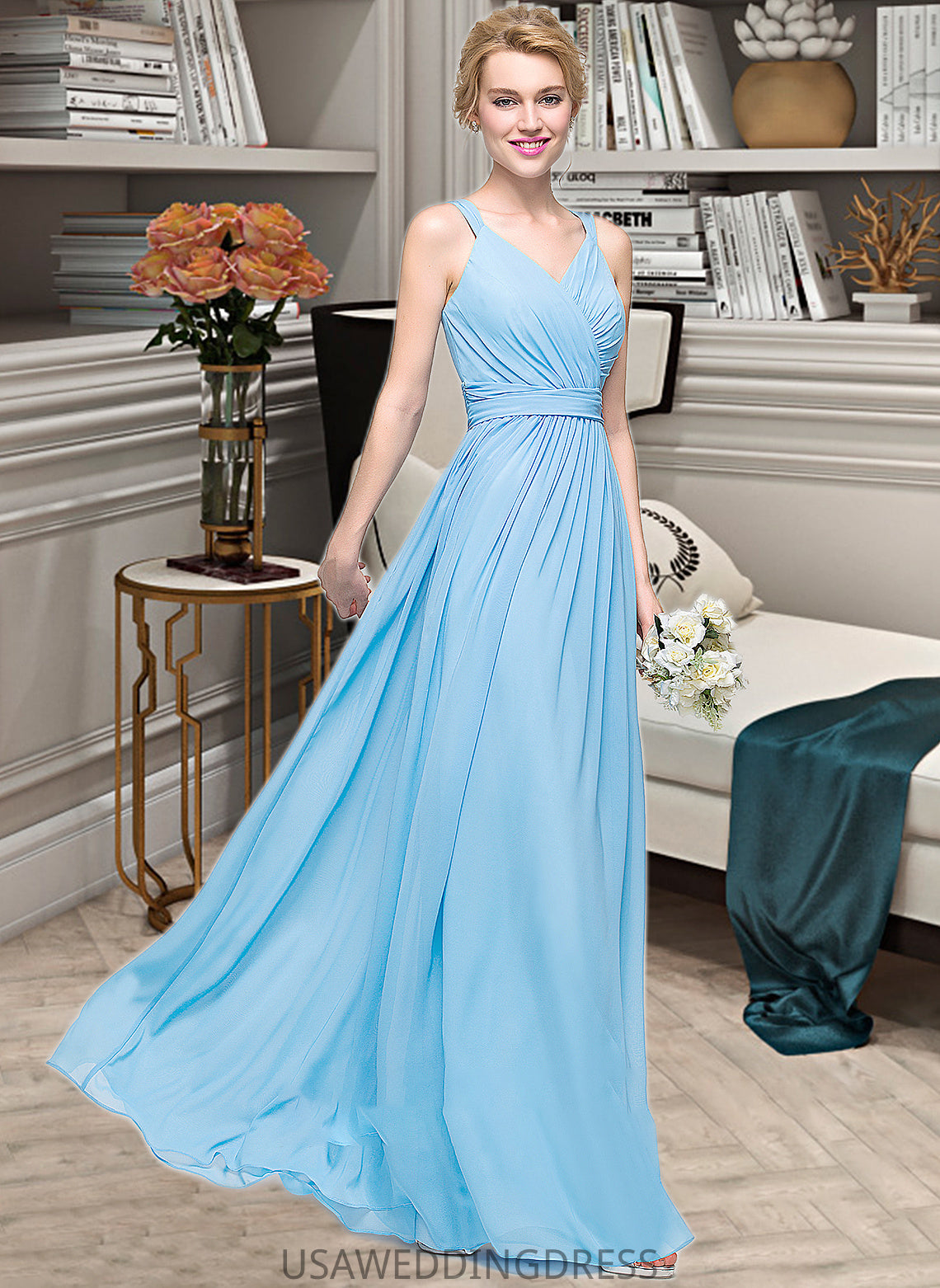 Greta A-Line V-neck Floor-Length Chiffon Bridesmaid Dress With Ruffle Bow(s) DSP0013211