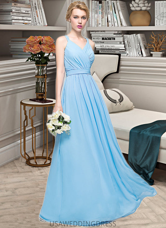 Greta A-Line V-neck Floor-Length Chiffon Bridesmaid Dress With Ruffle Bow(s) DSP0013211