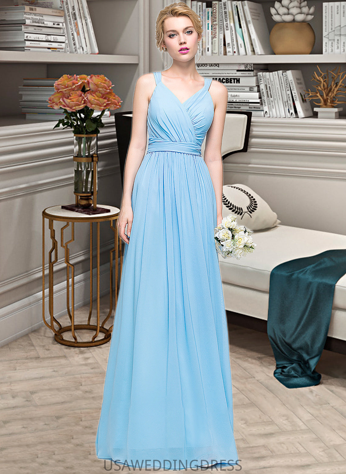 Greta A-Line V-neck Floor-Length Chiffon Bridesmaid Dress With Ruffle Bow(s) DSP0013211