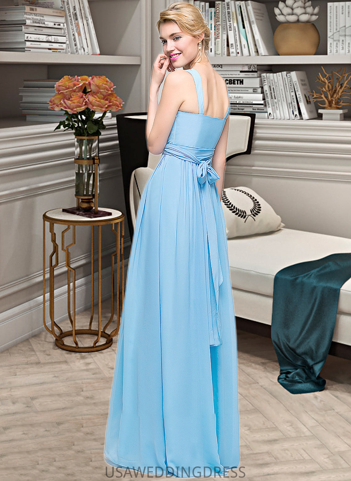 Greta A-Line V-neck Floor-Length Chiffon Bridesmaid Dress With Ruffle Bow(s) DSP0013211