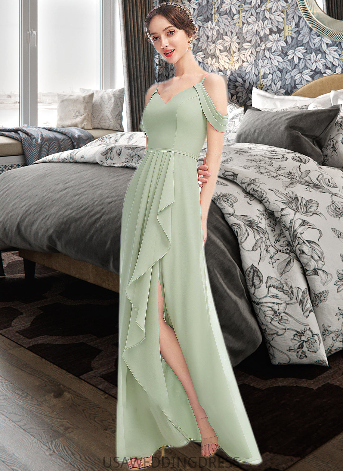 Maleah A-Line V-neck Floor-Length Bridesmaid Dress With Ruffle Split Front DSP0013213