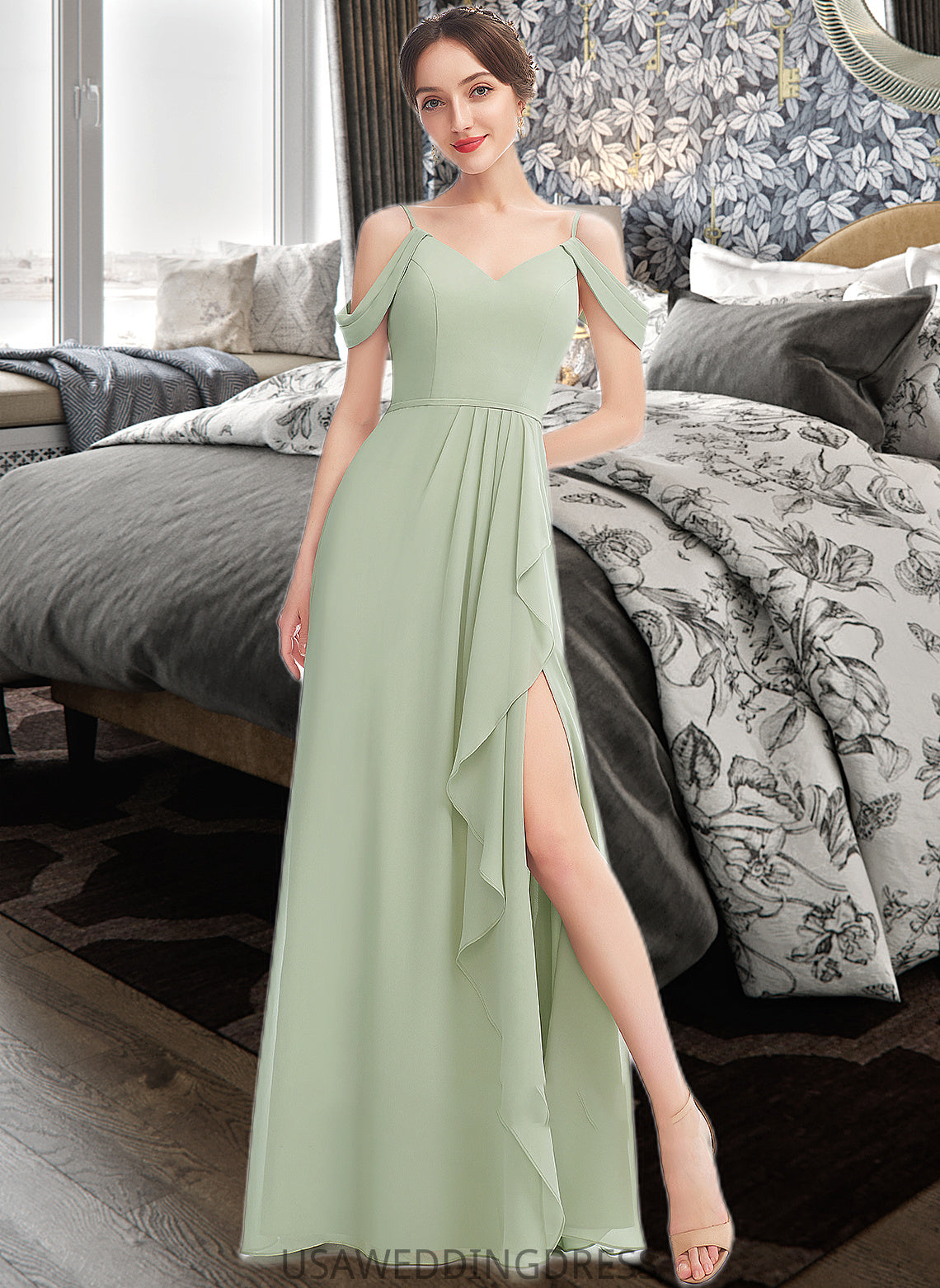 Maleah A-Line V-neck Floor-Length Bridesmaid Dress With Ruffle Split Front DSP0013213