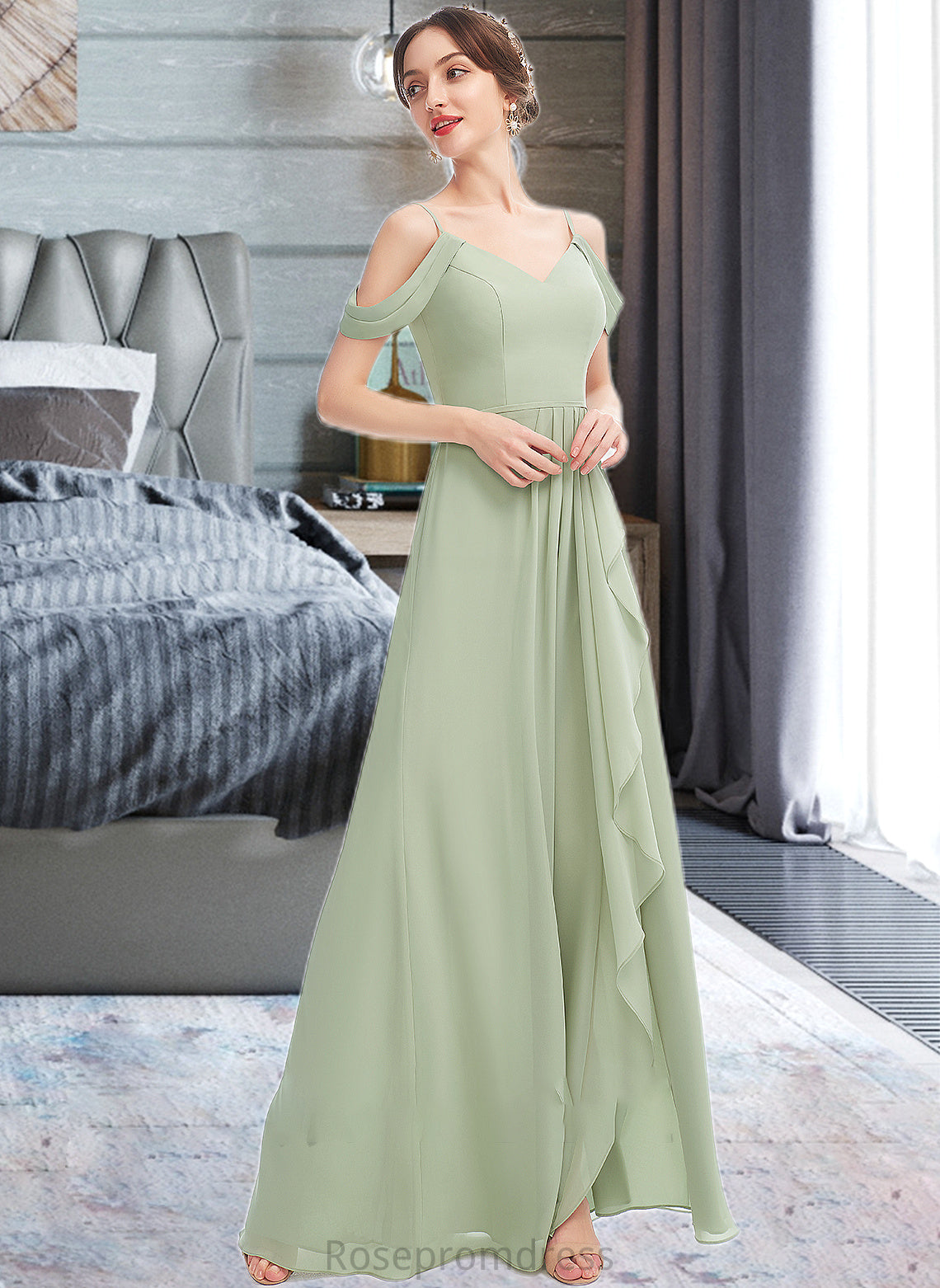 Vera A-Line V-neck Floor-Length Bridesmaid Dress With Ruffle Split Front SRSP0013213