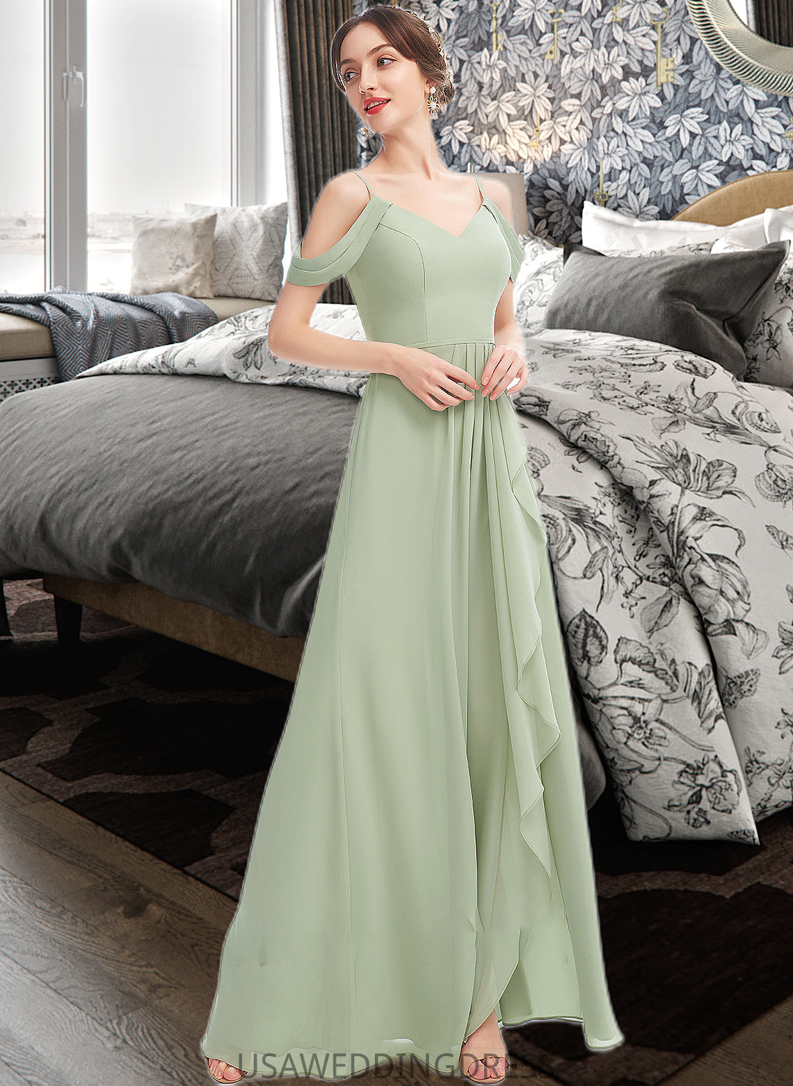 Maleah A-Line V-neck Floor-Length Bridesmaid Dress With Ruffle Split Front DSP0013213