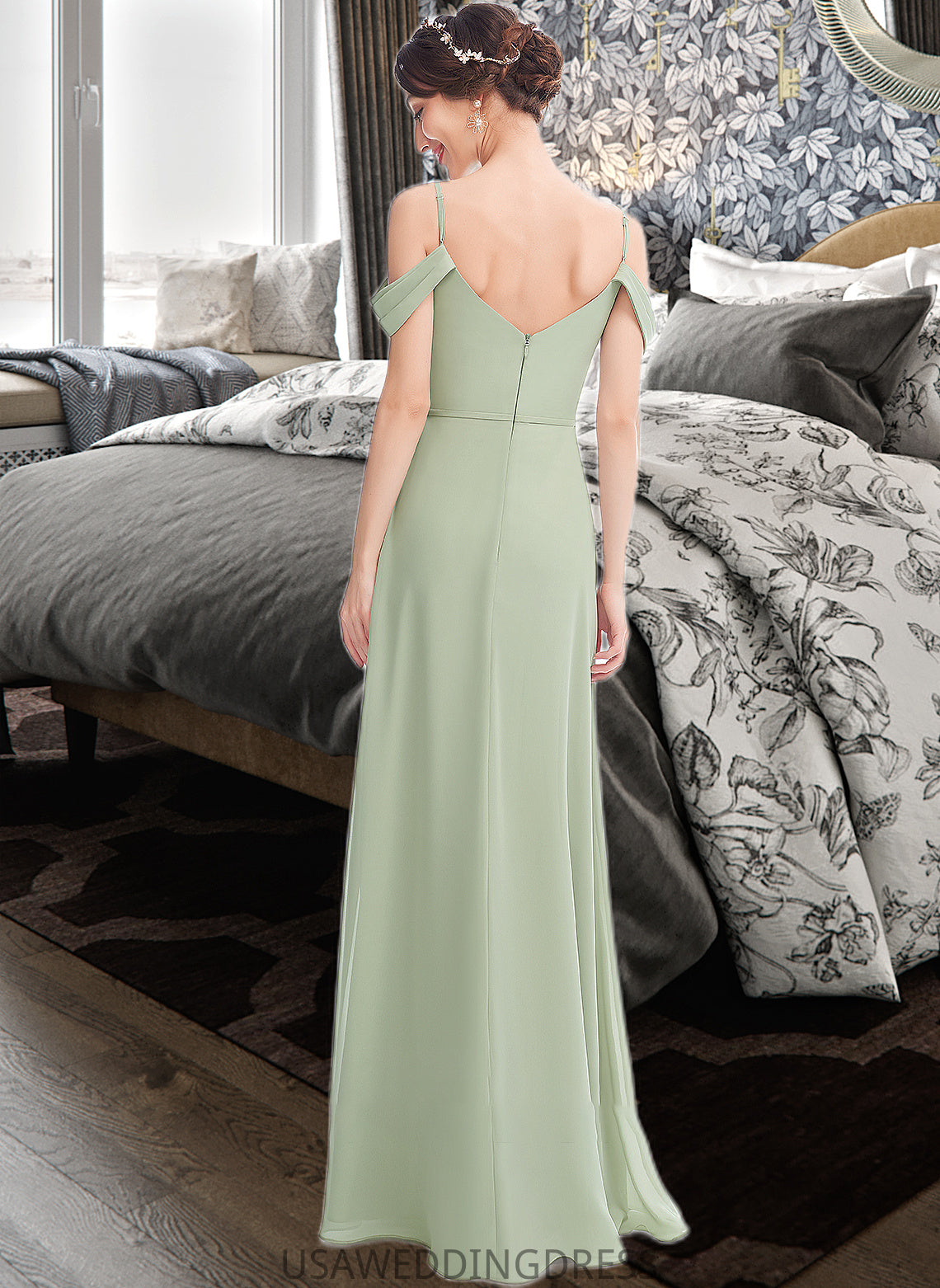 Maleah A-Line V-neck Floor-Length Bridesmaid Dress With Ruffle Split Front DSP0013213