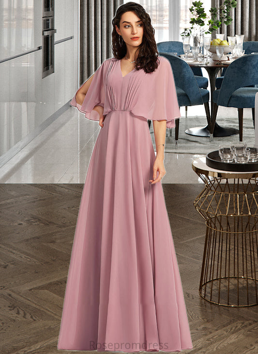 Janet A-Line V-neck Floor-Length Bridesmaid Dress With Ruffle SRSP0013214
