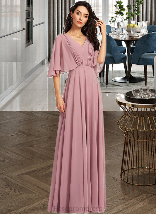 Janet A-Line V-neck Floor-Length Bridesmaid Dress With Ruffle SRSP0013214