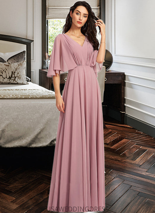 Iliana A-Line V-neck Floor-Length Bridesmaid Dress With Ruffle DSP0013214