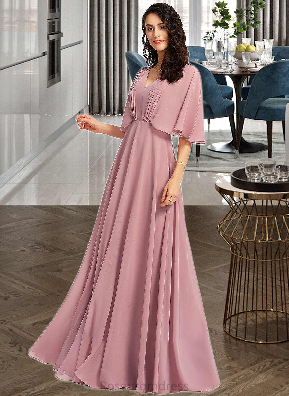 Janet A-Line V-neck Floor-Length Bridesmaid Dress With Ruffle SRSP0013214