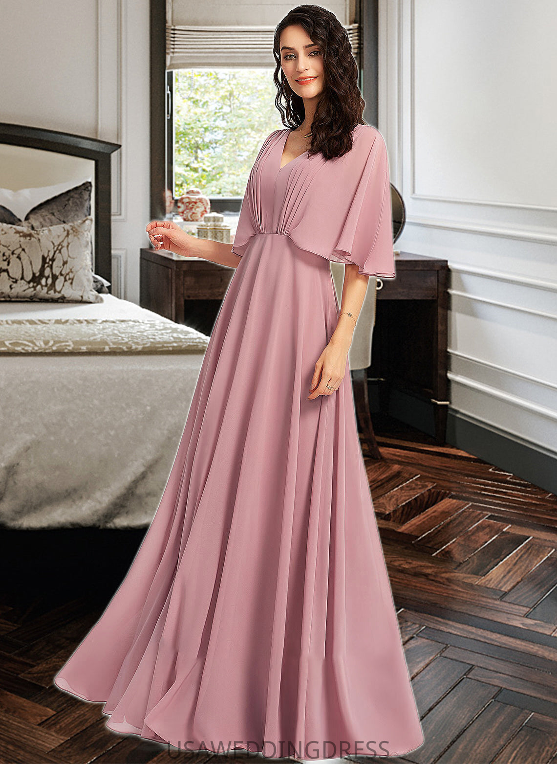 Iliana A-Line V-neck Floor-Length Bridesmaid Dress With Ruffle DSP0013214