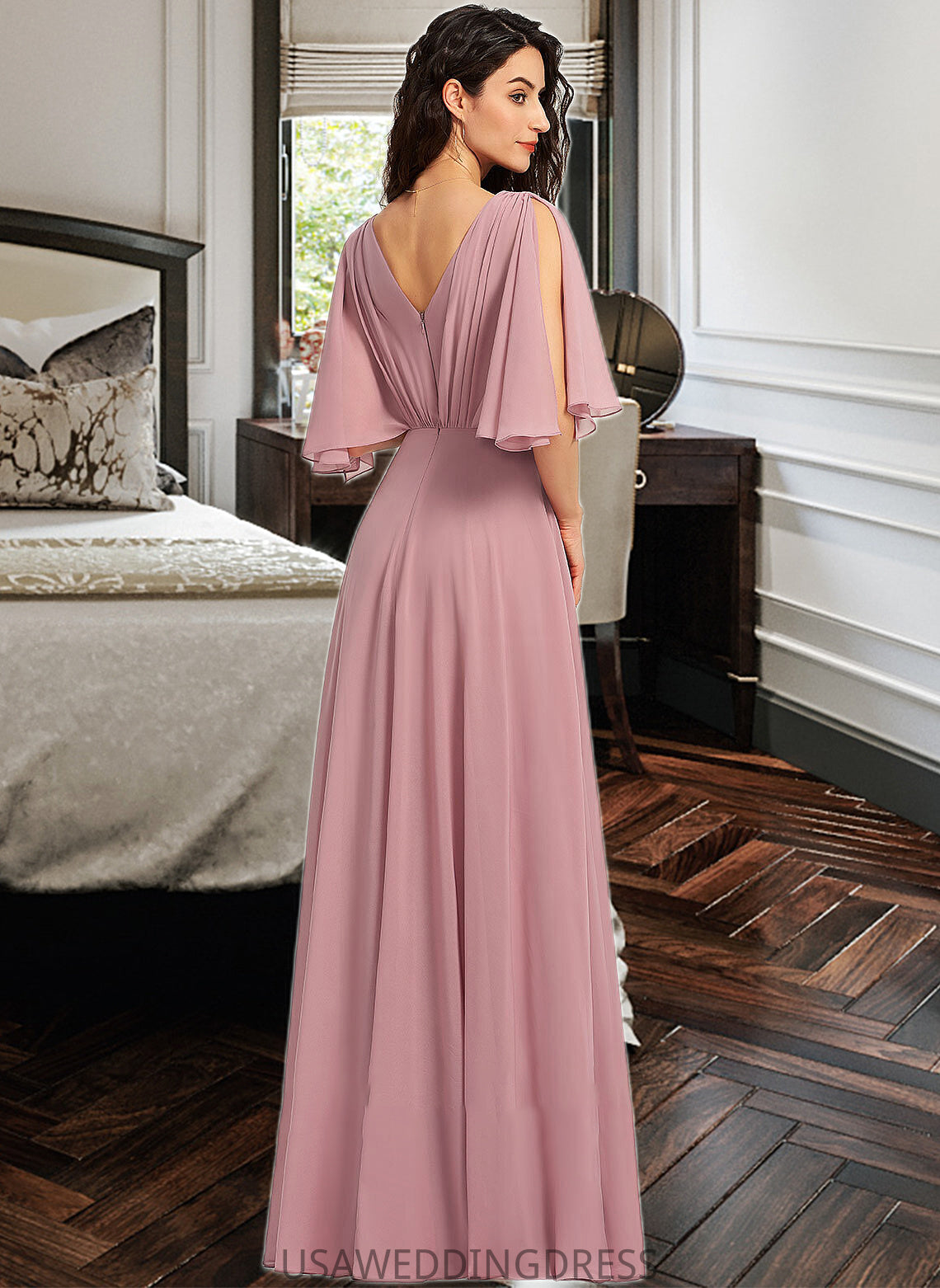 Iliana A-Line V-neck Floor-Length Bridesmaid Dress With Ruffle DSP0013214