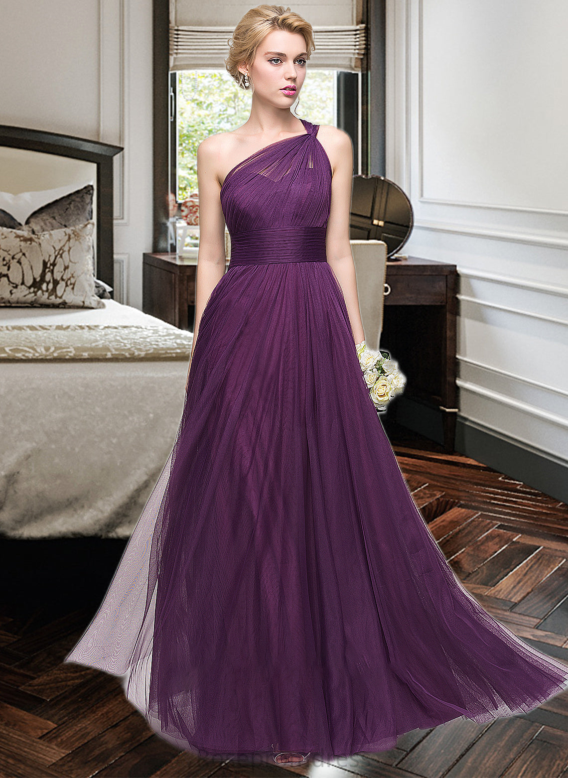 Tina A-Line One-Shoulder Floor-Length Tulle Bridesmaid Dress With Ruffle SRSP0013216