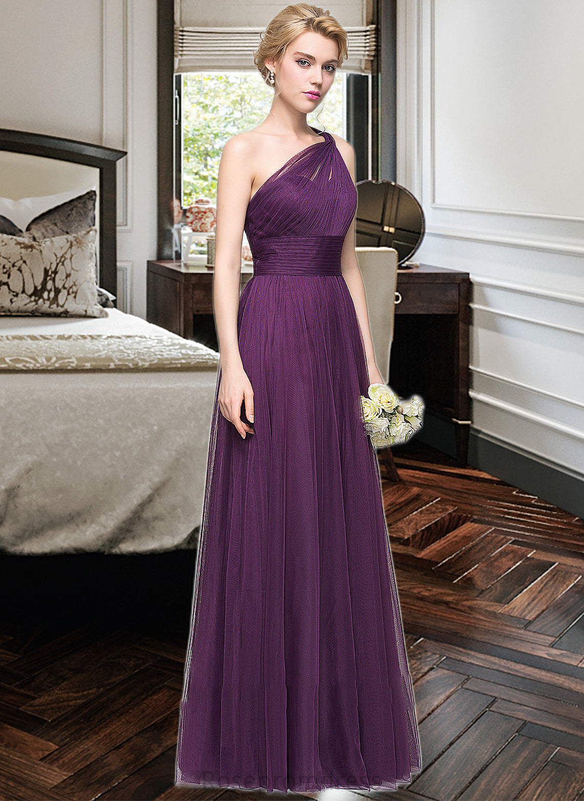 Tina A-Line One-Shoulder Floor-Length Tulle Bridesmaid Dress With Ruffle SRSP0013216