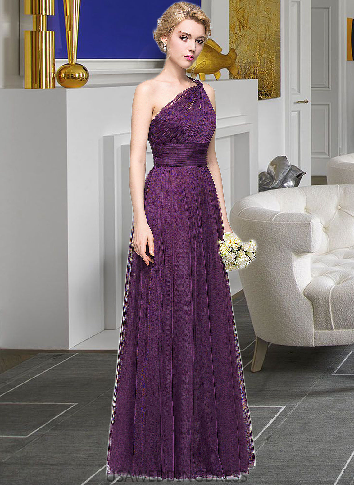 Maisie A-Line One-Shoulder Floor-Length Tulle Bridesmaid Dress With Ruffle DSP0013216