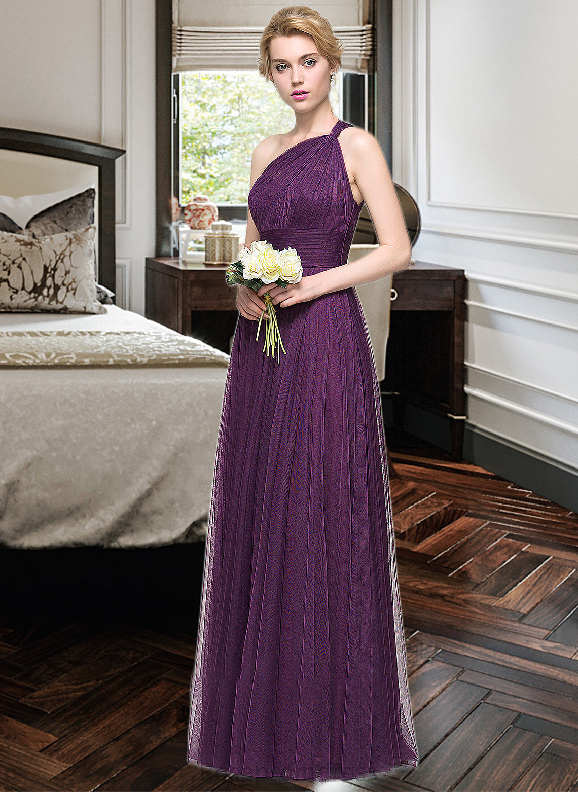 Tina A-Line One-Shoulder Floor-Length Tulle Bridesmaid Dress With Ruffle SRSP0013216