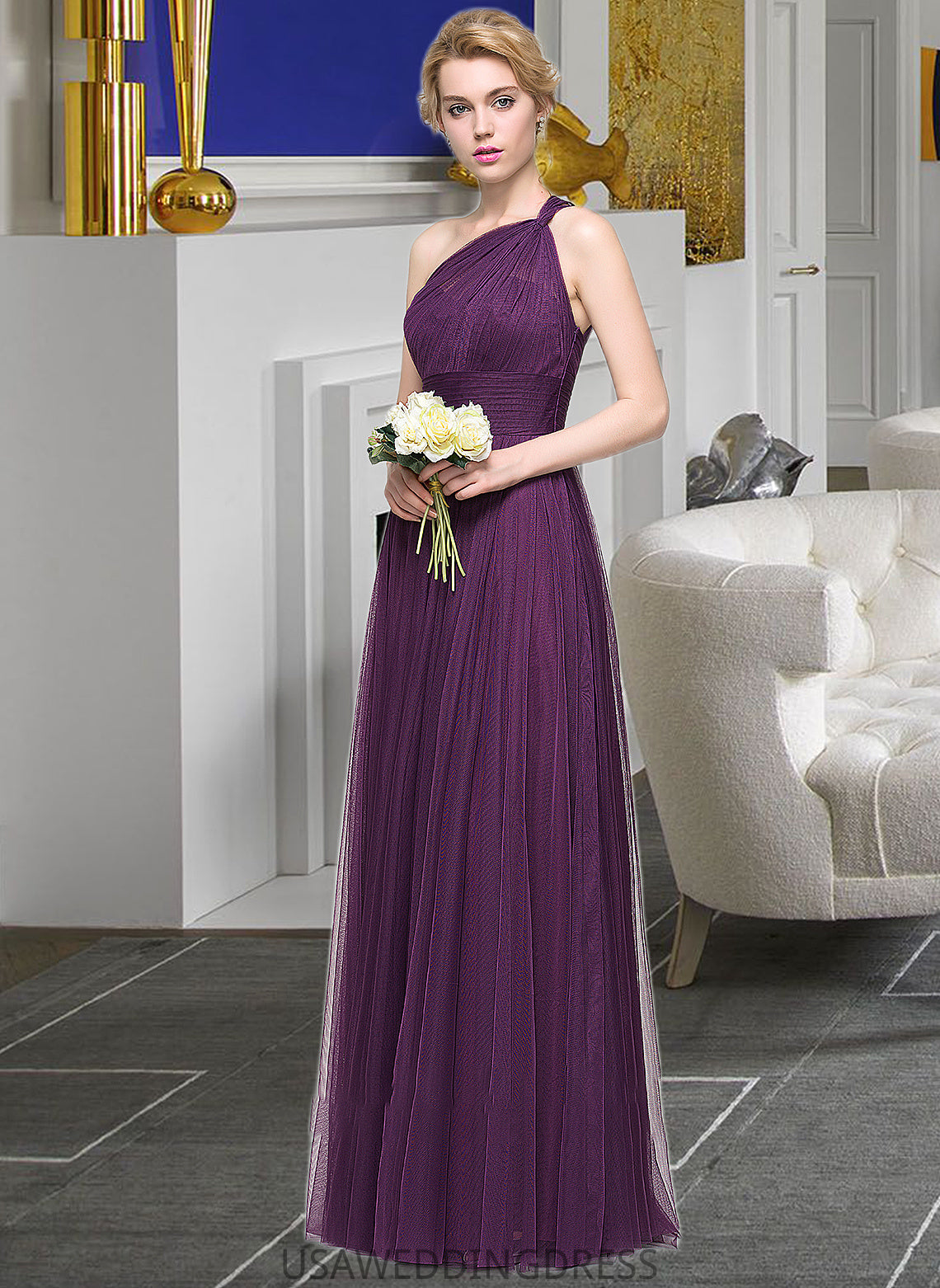 Maisie A-Line One-Shoulder Floor-Length Tulle Bridesmaid Dress With Ruffle DSP0013216