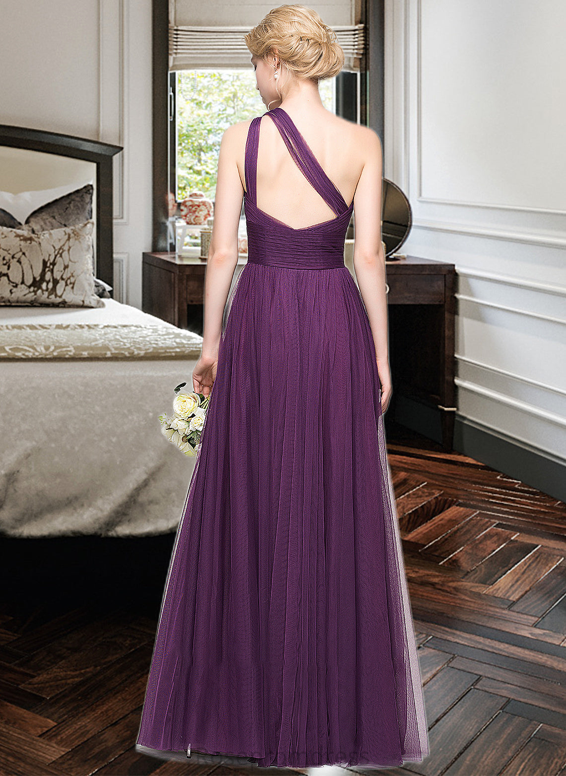 Tina A-Line One-Shoulder Floor-Length Tulle Bridesmaid Dress With Ruffle SRSP0013216
