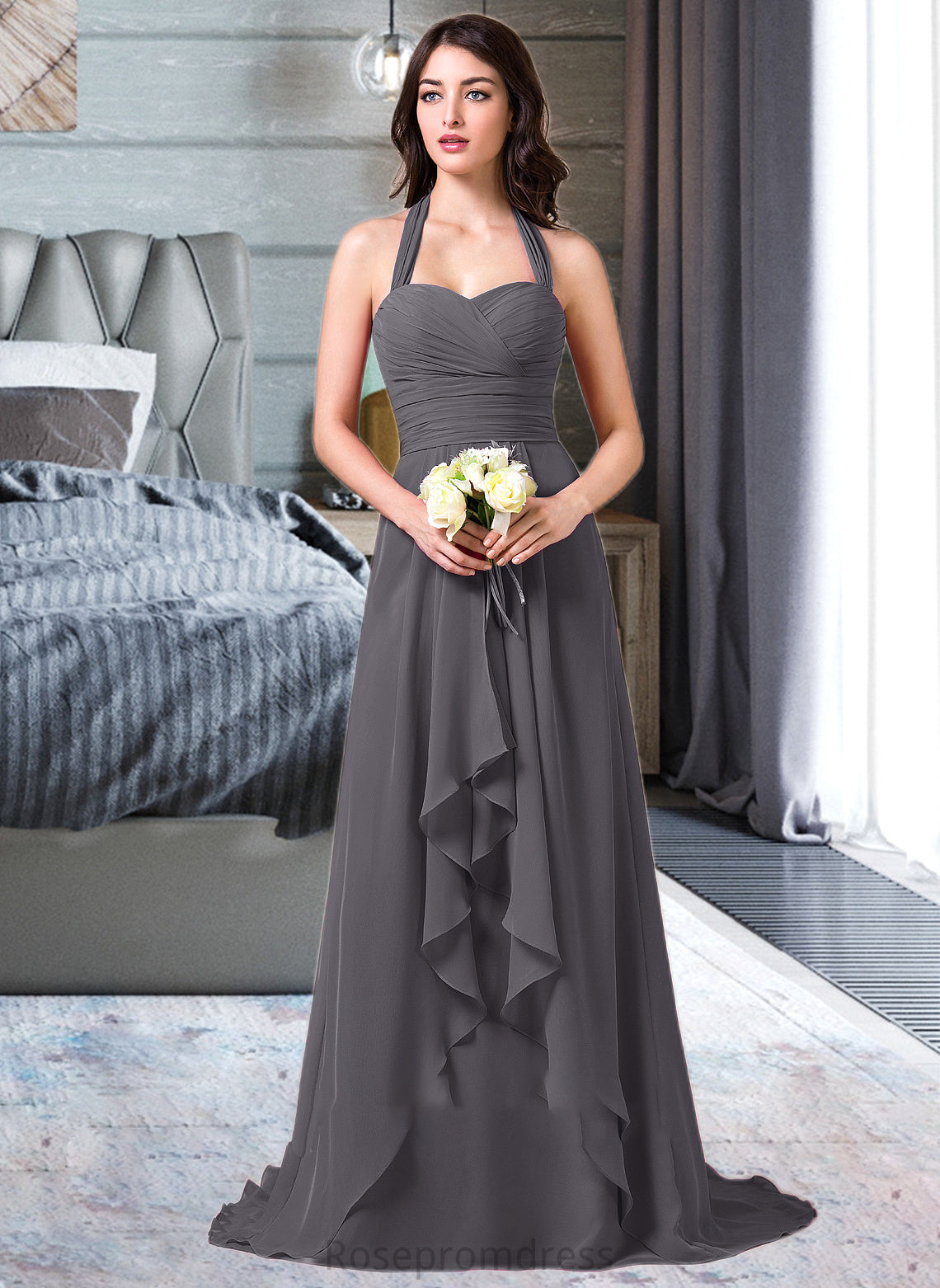 Shyann A-Line Halter Sweep Train Chiffon Bridesmaid Dress With Bow(s) Cascading Ruffles SRSP0013217