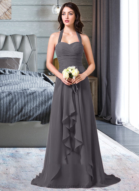 Shyann A-Line Halter Sweep Train Chiffon Bridesmaid Dress With Bow(s) Cascading Ruffles SRSP0013217