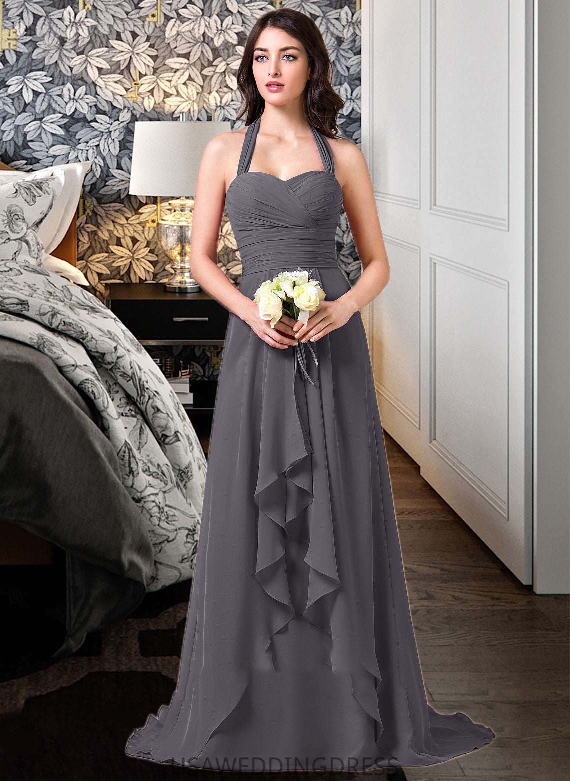 Margery A-Line Halter Sweep Train Chiffon Bridesmaid Dress With Bow(s) Cascading Ruffles DSP0013217