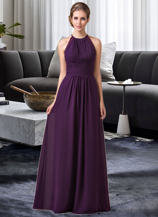 India Chiffon Halter-neck Floor-length Bridesmaid Dress With Lace SRSP0013218