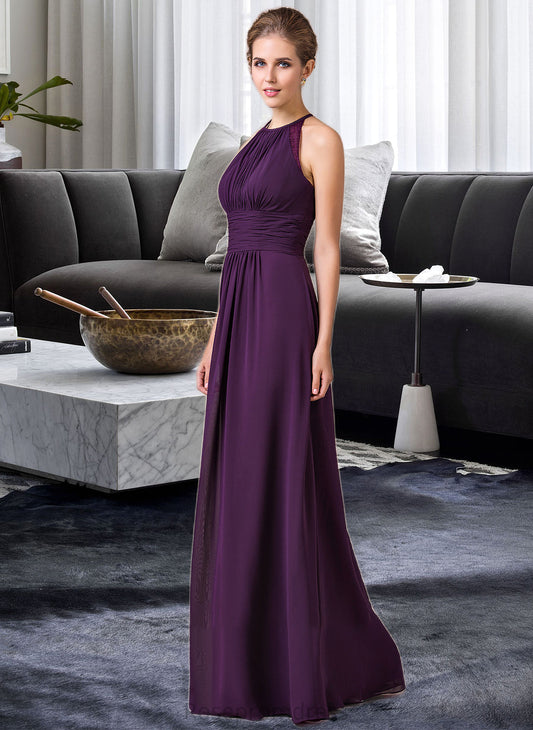 India Chiffon Halter-neck Floor-length Bridesmaid Dress With Lace SRSP0013218