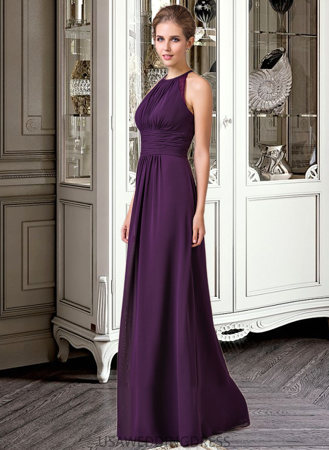 Kelly Chiffon Halter-neck Floor-length Bridesmaid Dress With Lace DSP0013218