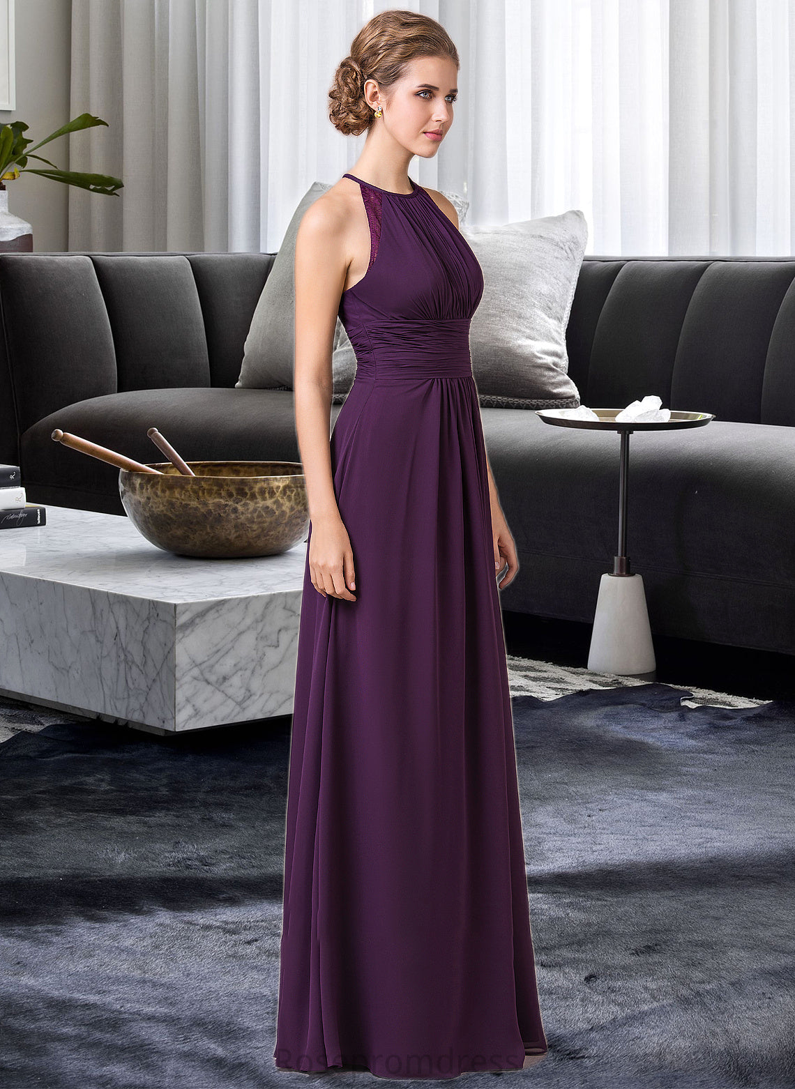 India Chiffon Halter-neck Floor-length Bridesmaid Dress With Lace SRSP0013218