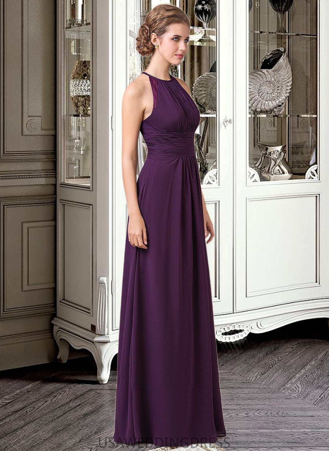 Kelly Chiffon Halter-neck Floor-length Bridesmaid Dress With Lace DSP0013218