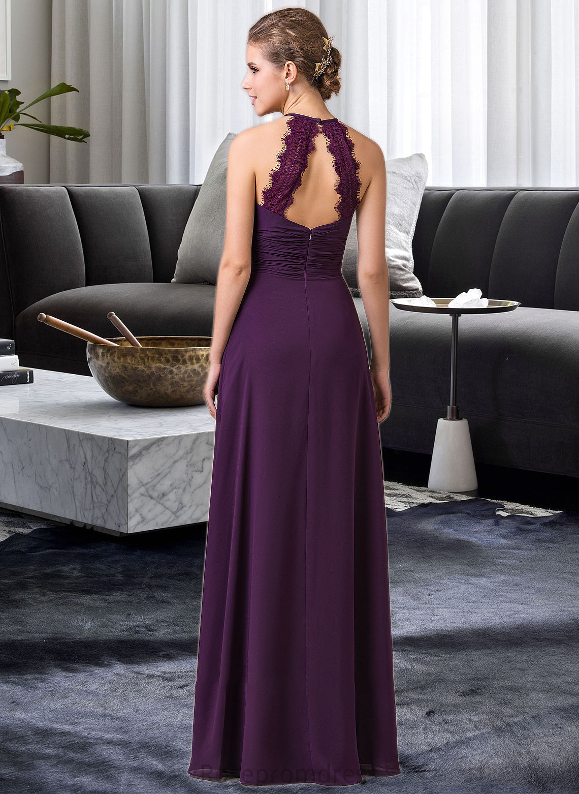 India Chiffon Halter-neck Floor-length Bridesmaid Dress With Lace SRSP0013218