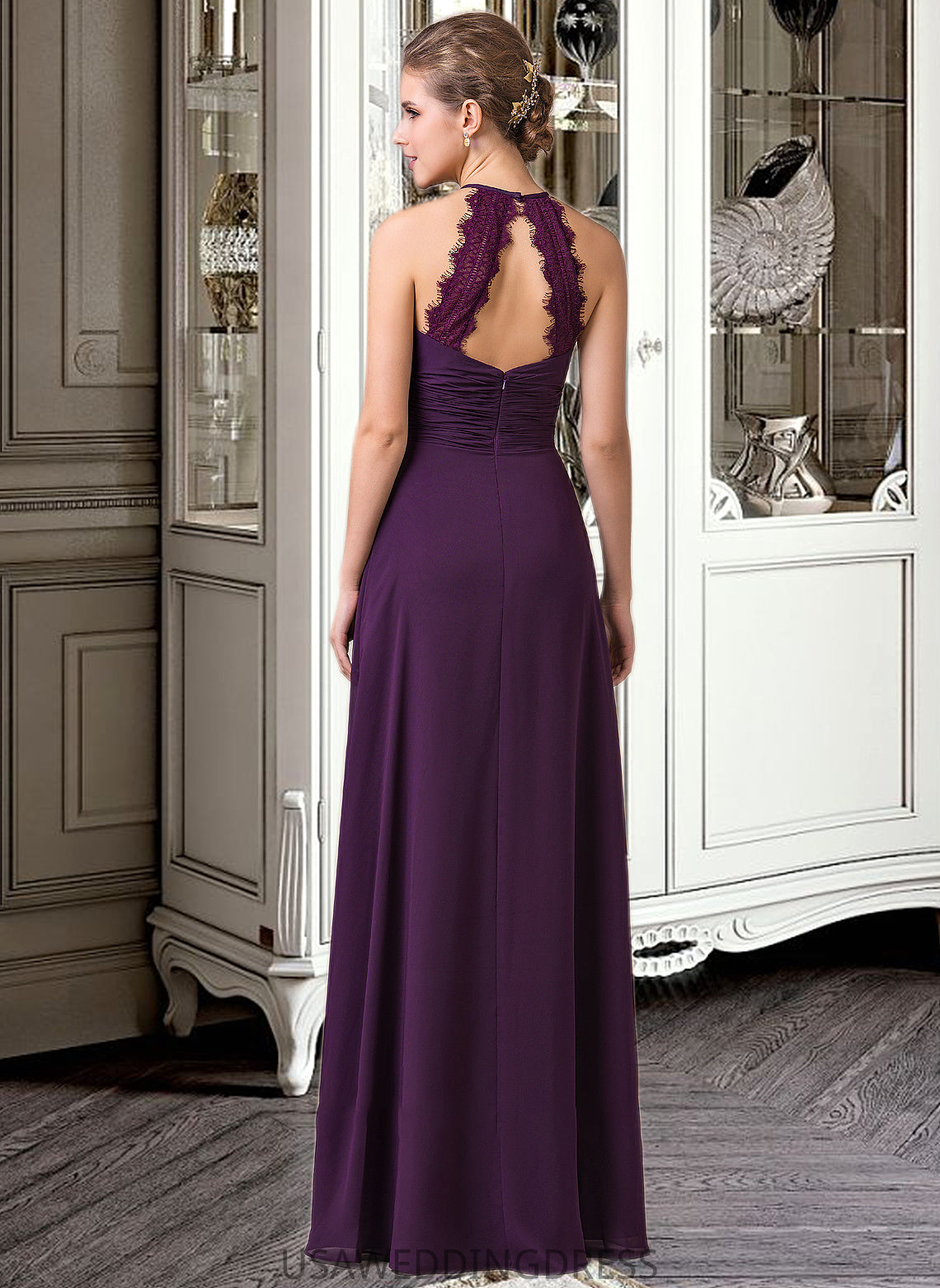 Kelly Chiffon Halter-neck Floor-length Bridesmaid Dress With Lace DSP0013218