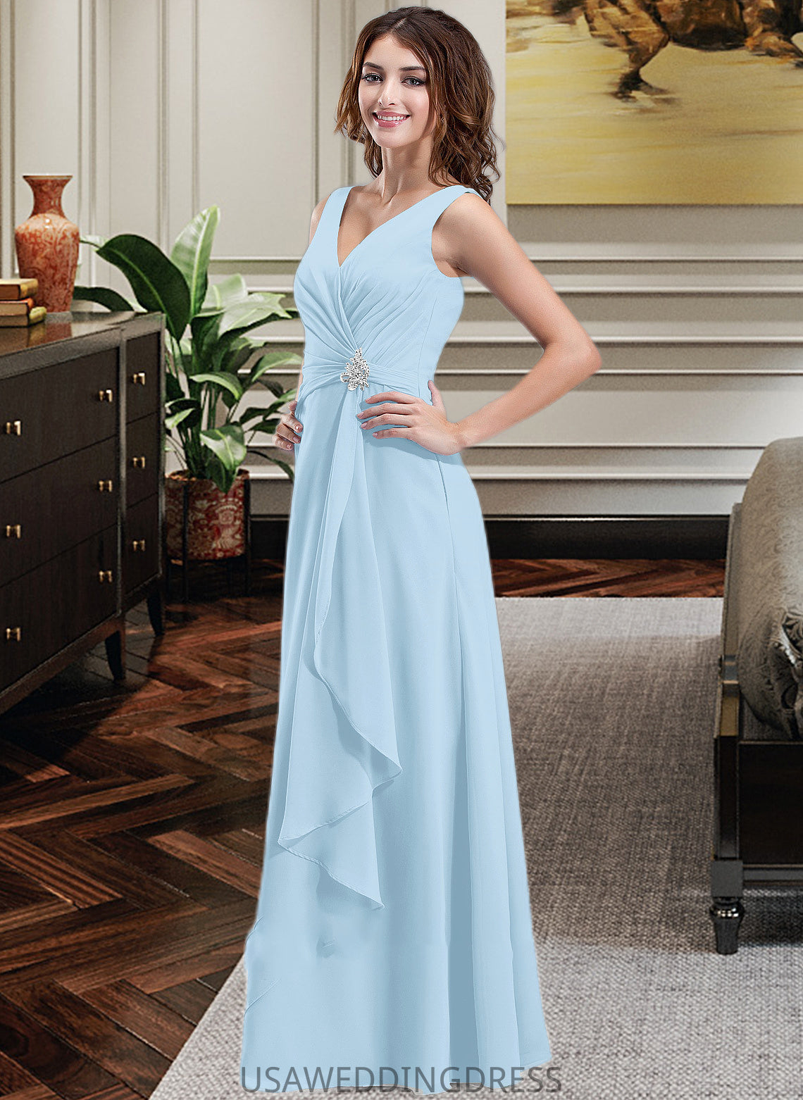 Nicole Chiffon V-neck Floor-length A-Line Bridesmaid Dress With Crystal Brooch And Cascading Ruffles DSP0013219