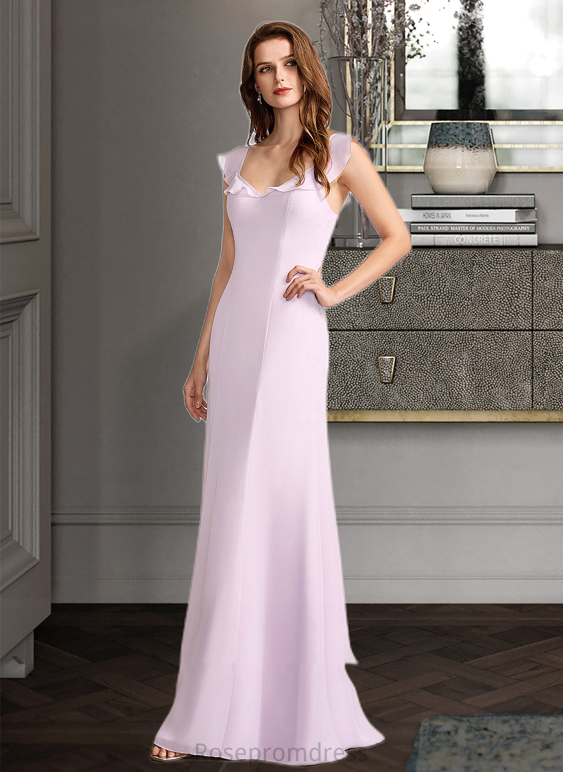 Leah A-Line Square Neckline Floor-Length Bridesmaid Dress With Ruffle SRSP0013220