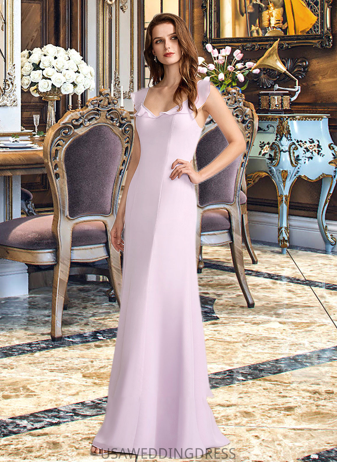 Jamya A-Line Square Neckline Floor-Length Bridesmaid Dress With Ruffle DSP0013220