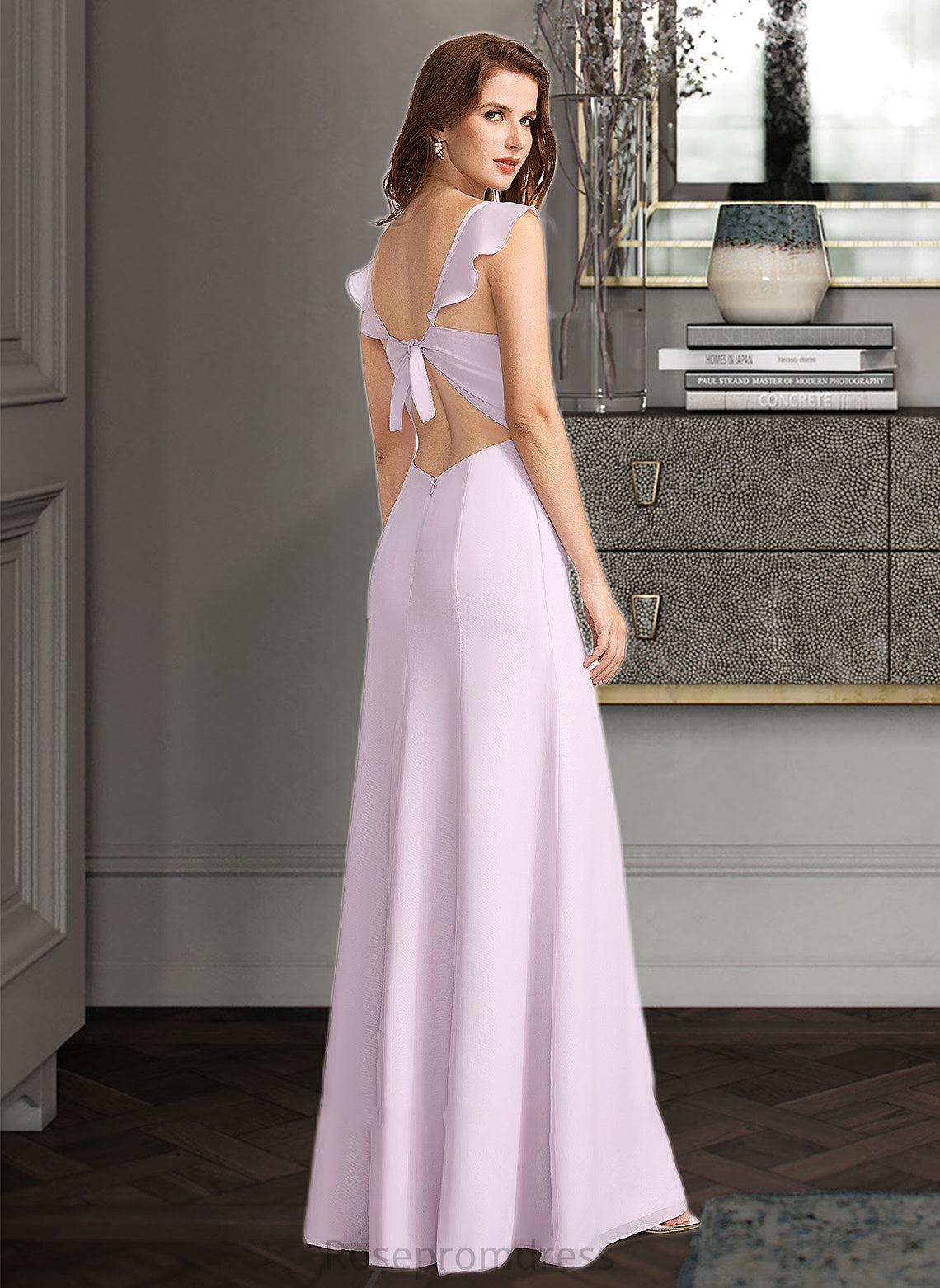 Leah A-Line Square Neckline Floor-Length Bridesmaid Dress With Ruffle SRSP0013220