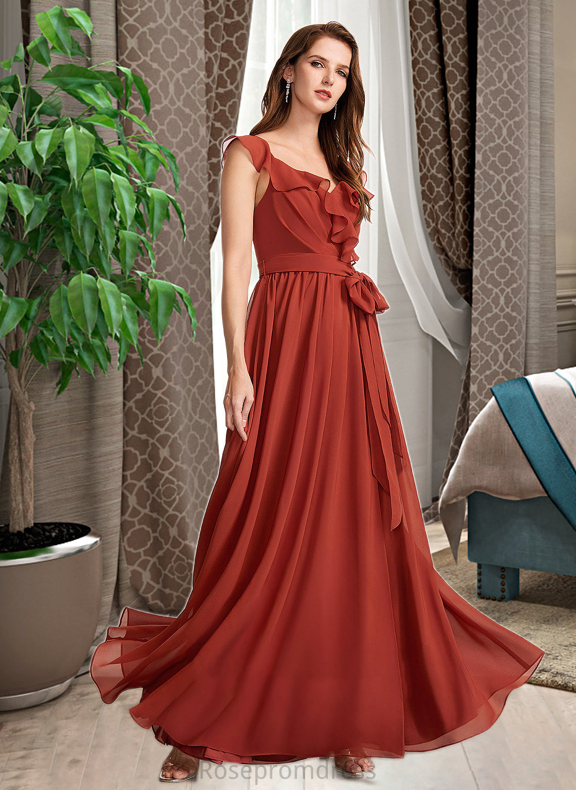 Aubrie A-Line V-neck Floor-Length Bridesmaid Dress With Ruffle SRSP0013221