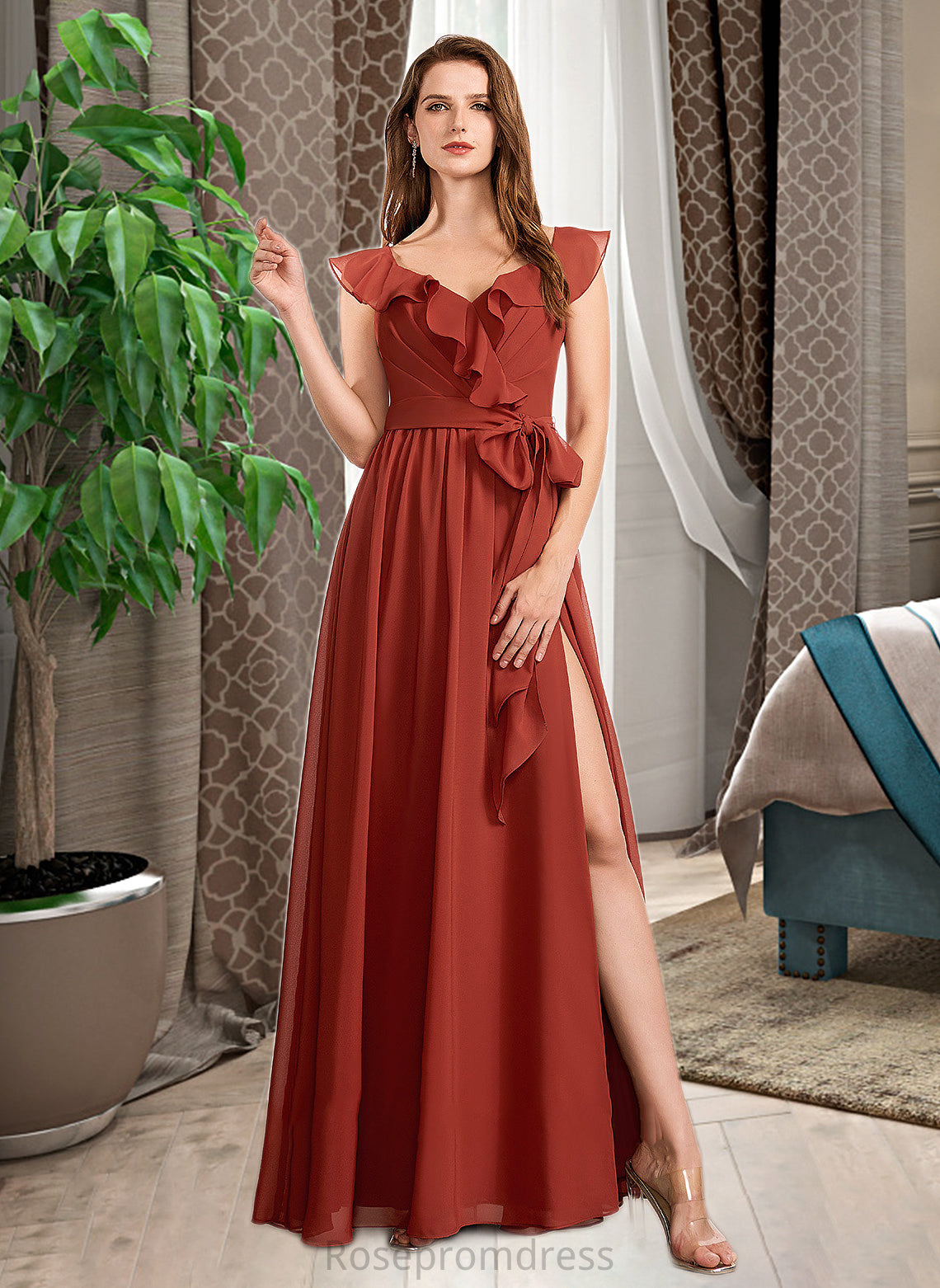 Aubrie A-Line V-neck Floor-Length Bridesmaid Dress With Ruffle SRSP0013221