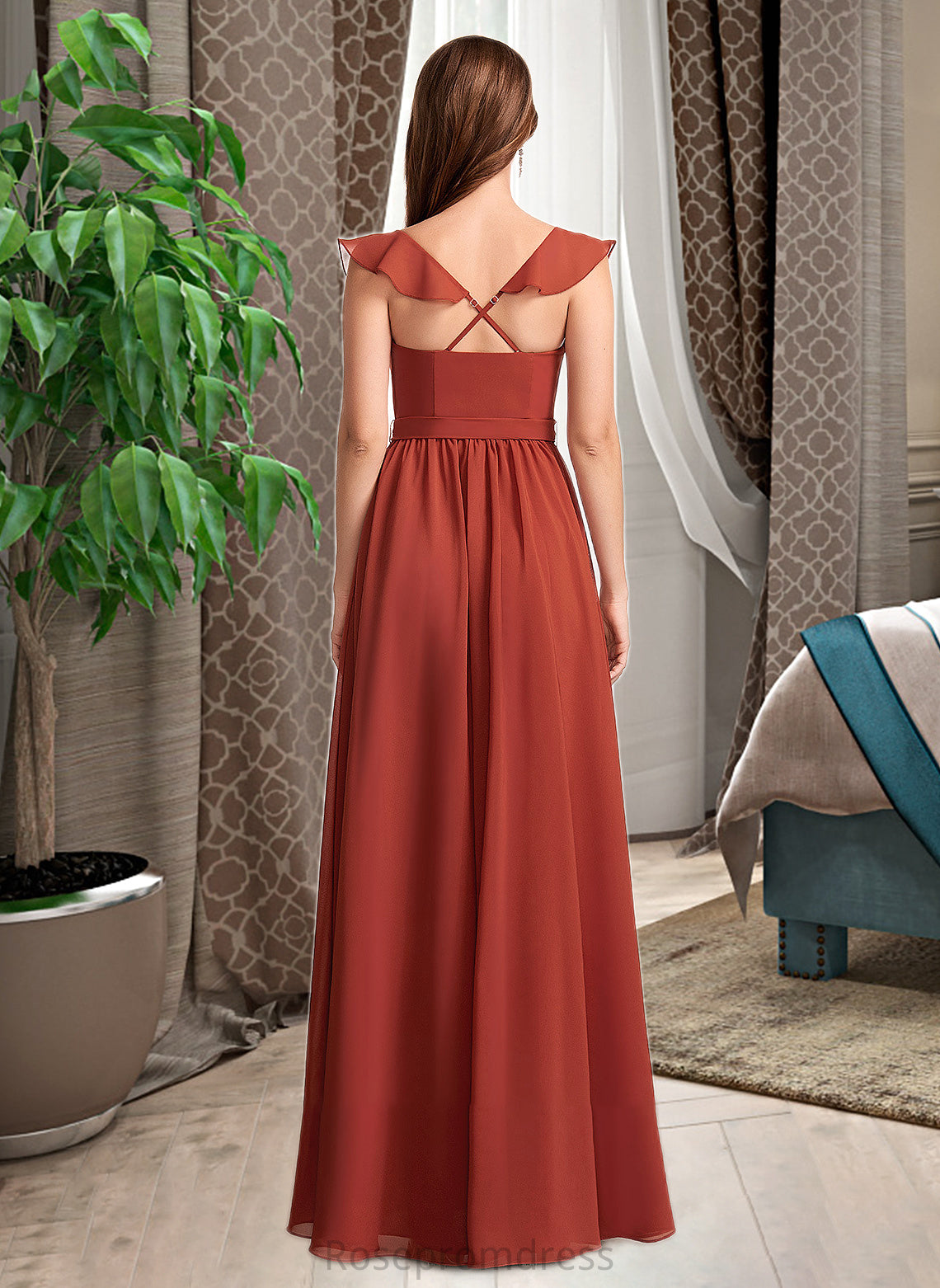 Aubrie A-Line V-neck Floor-Length Bridesmaid Dress With Ruffle SRSP0013221