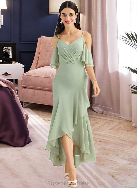 Sherry Trumpet/Mermaid V-neck Asymmetrical Bridesmaid Dress With Ruffle SRSP0013222