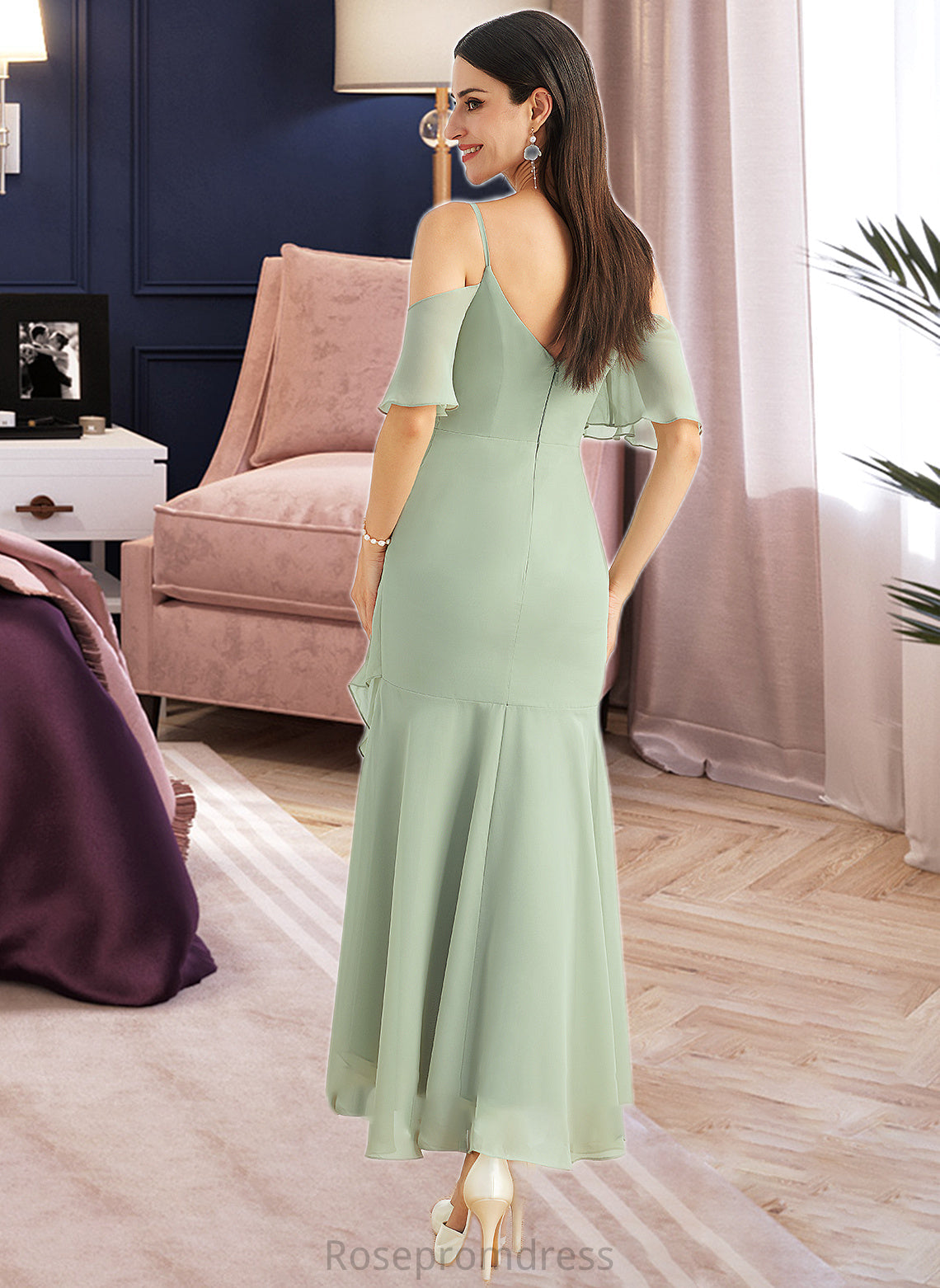 Sherry Trumpet/Mermaid V-neck Asymmetrical Bridesmaid Dress With Ruffle SRSP0013222