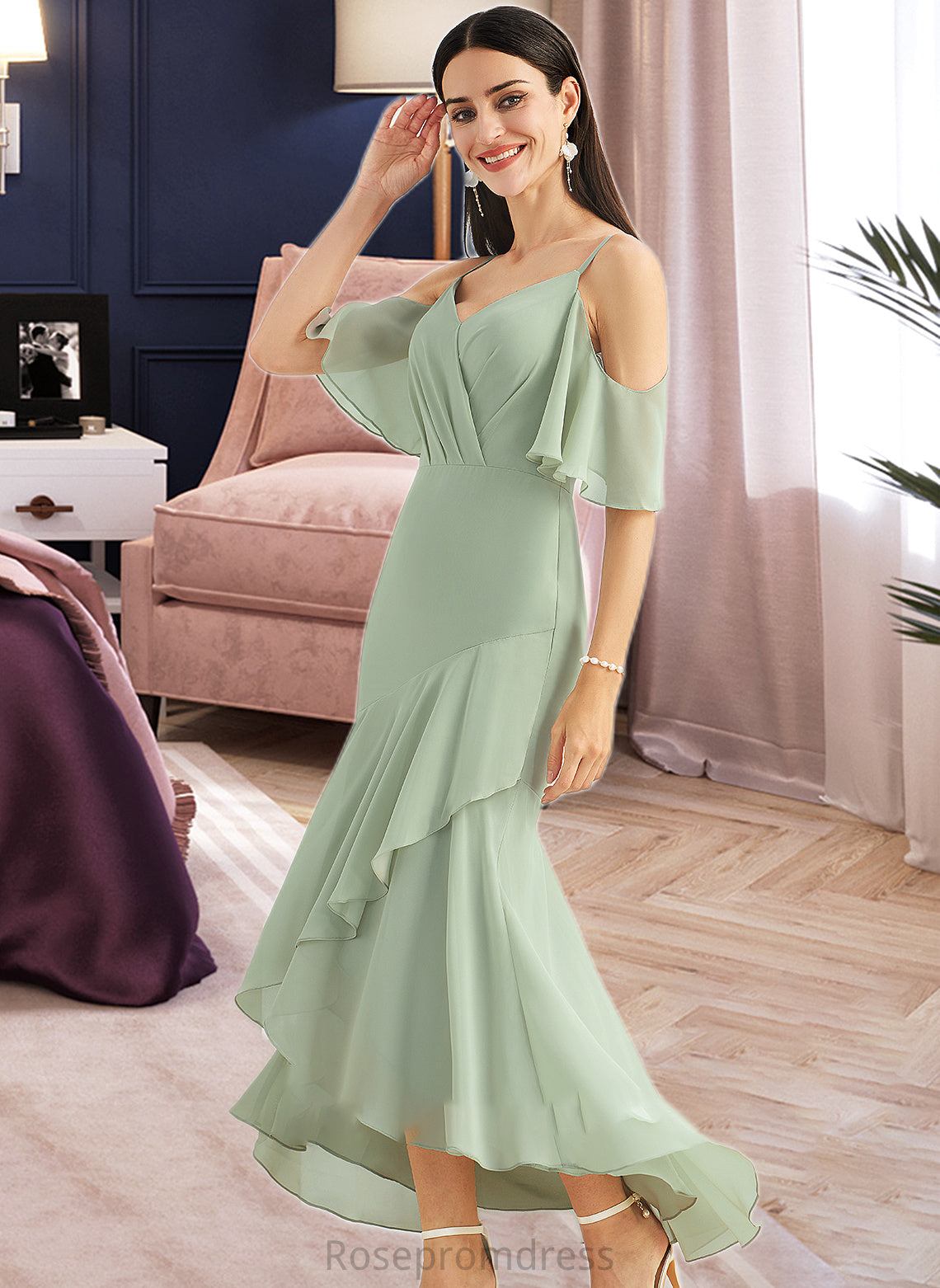 Sherry Trumpet/Mermaid V-neck Asymmetrical Bridesmaid Dress With Ruffle SRSP0013222
