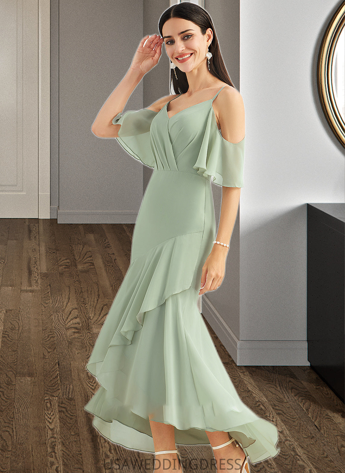Raegan Trumpet/Mermaid V-neck Asymmetrical Bridesmaid Dress With Ruffle DSP0013222