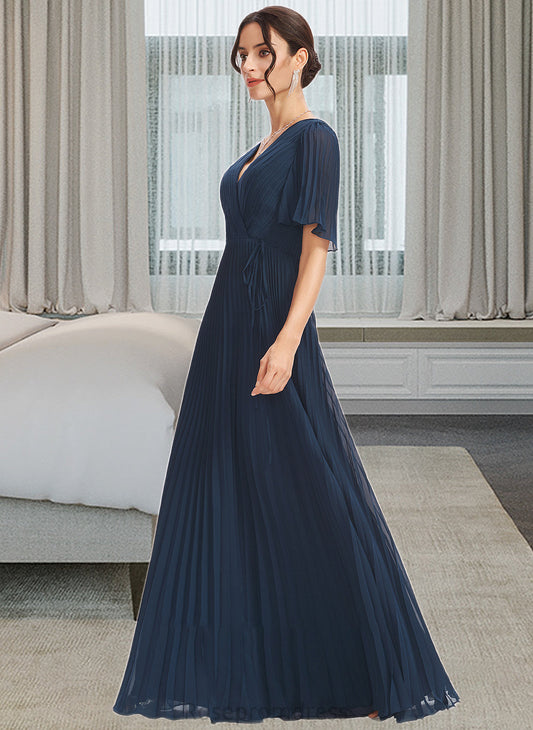 Alexa A-Line V-neck Floor-Length Bridesmaid Dress With Ruffle SRSP0013223