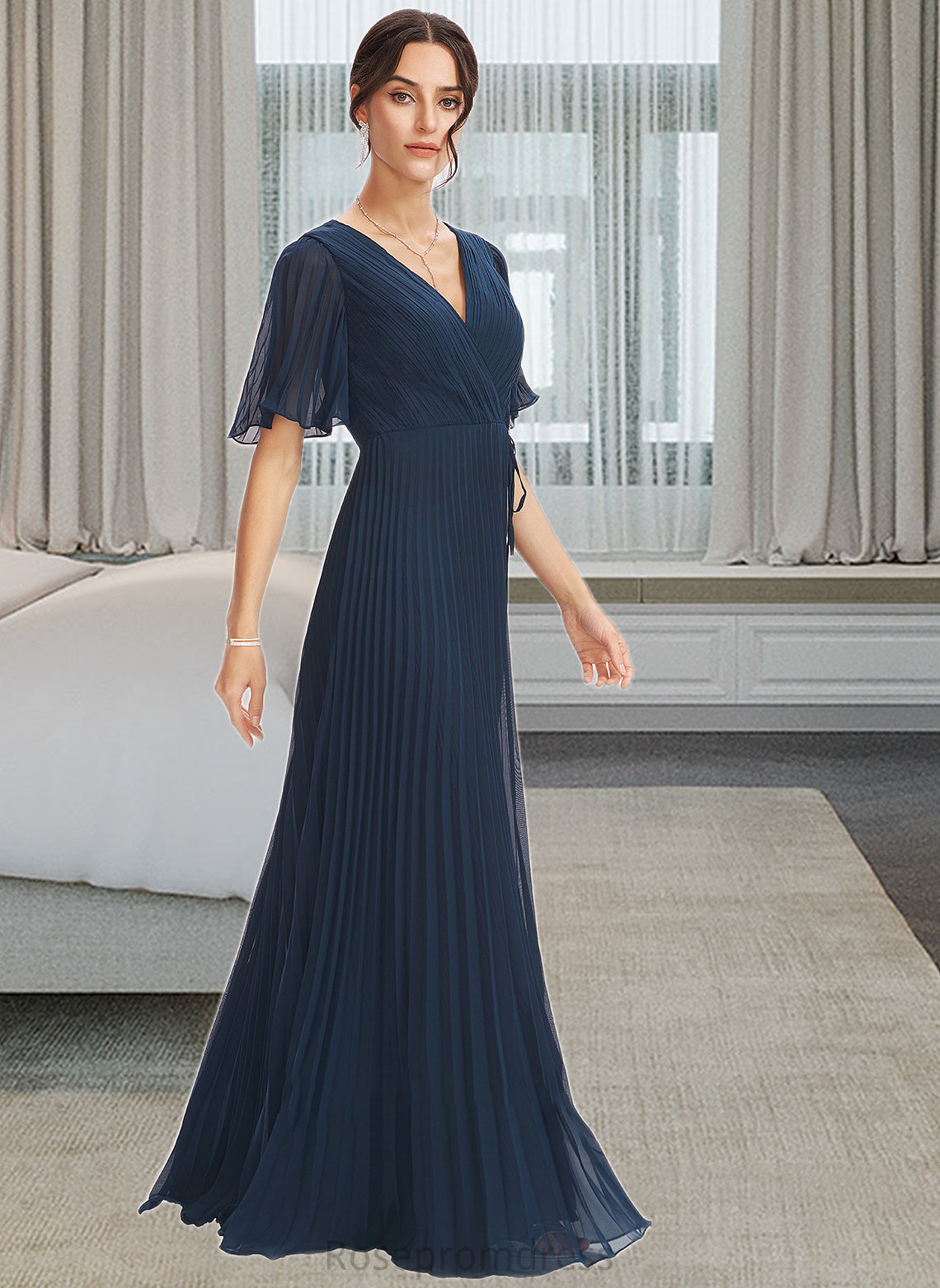 Alexa A-Line V-neck Floor-Length Bridesmaid Dress With Ruffle SRSP0013223