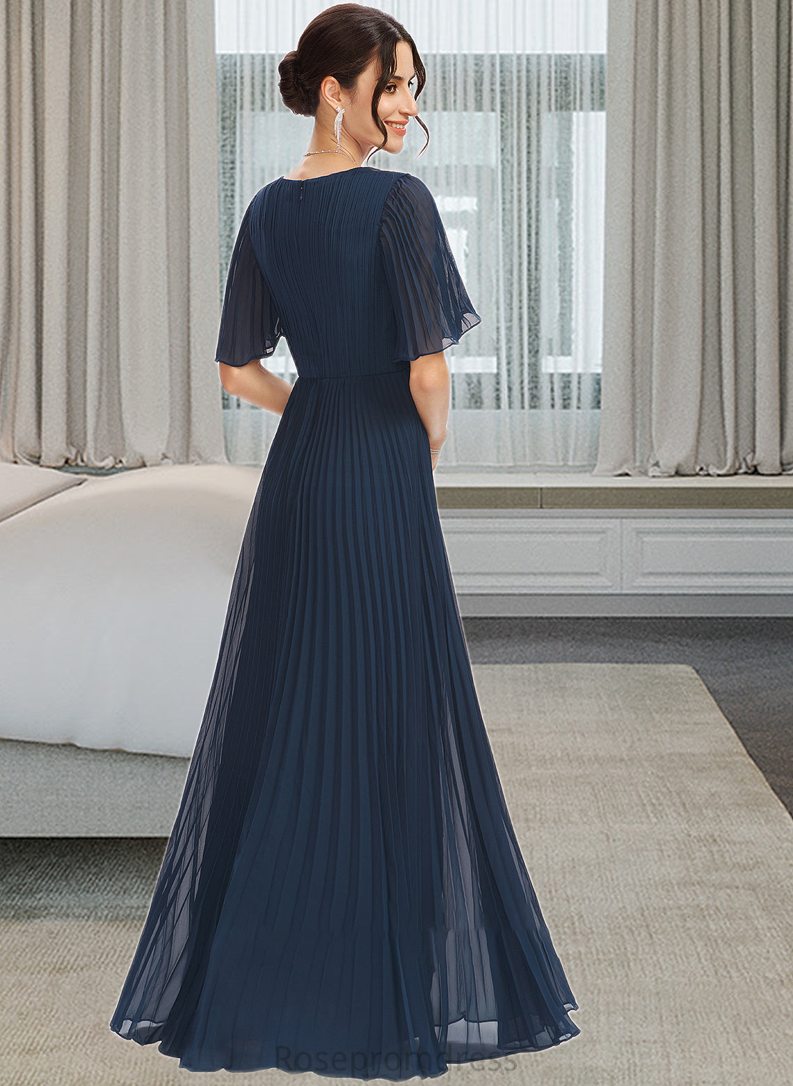 Alexa A-Line V-neck Floor-Length Bridesmaid Dress With Ruffle SRSP0013223