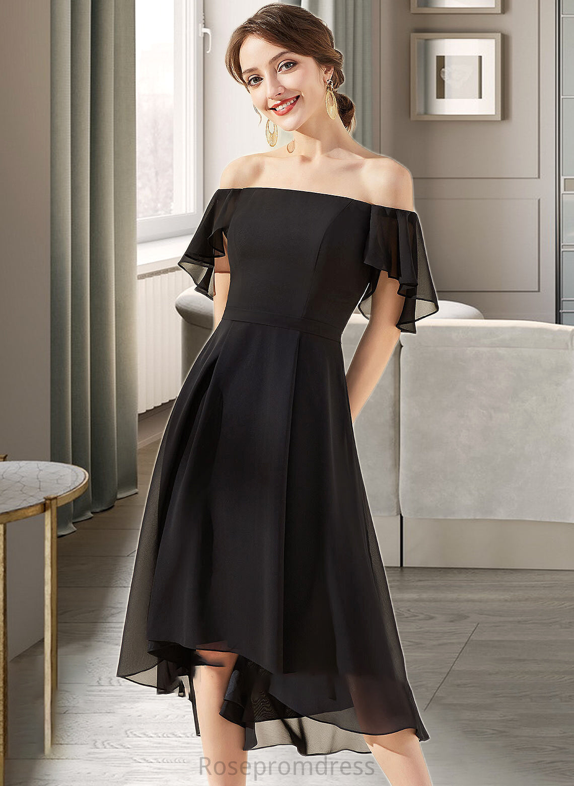 Ariana A-Line Off-the-Shoulder Asymmetrical Chiffon Bridesmaid Dress With Cascading Ruffles SRSP0013224