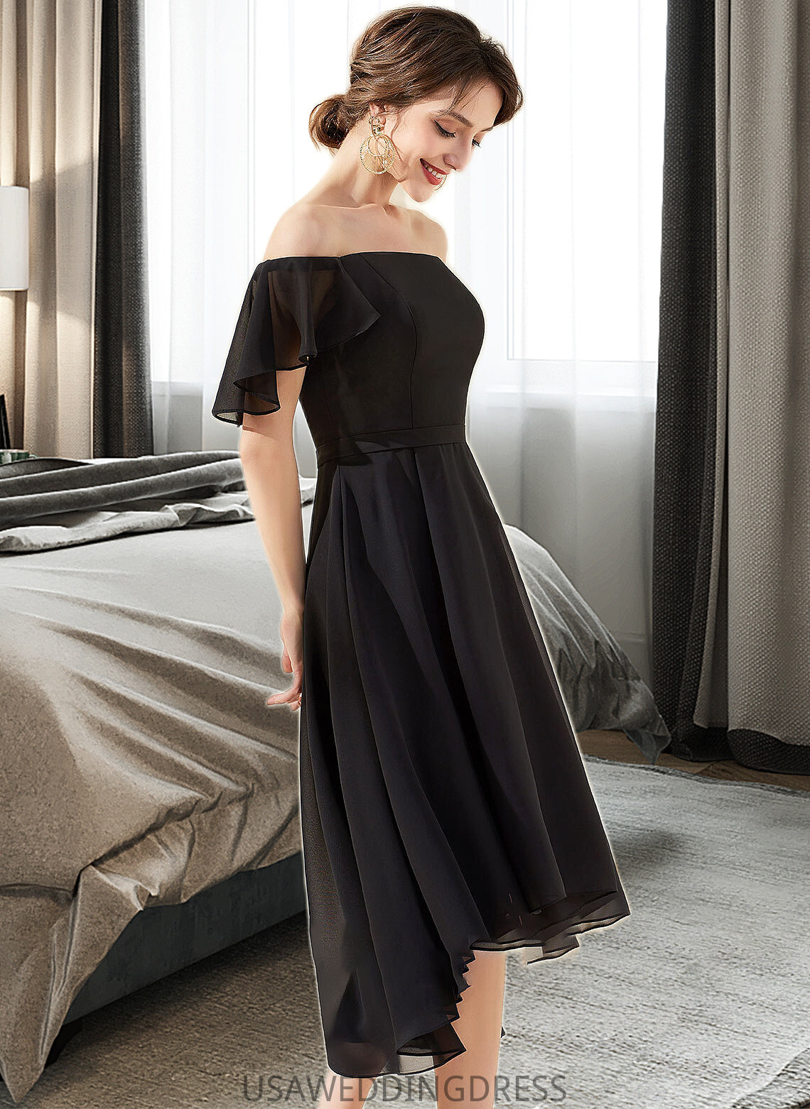 Micaela A-Line Off-the-Shoulder Asymmetrical Chiffon Bridesmaid Dress With Cascading Ruffles DSP0013224